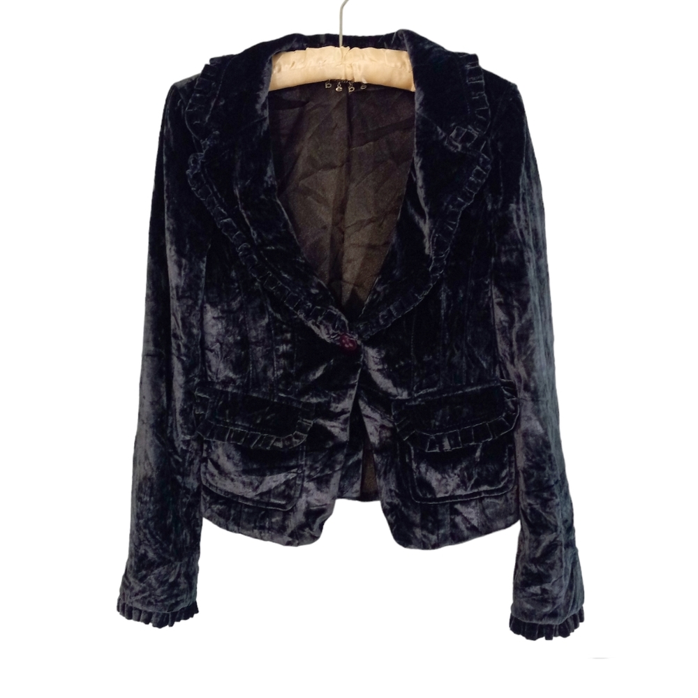 Bebe Crushed Velvet Ruffle Trim Blazer Jacket | US 6